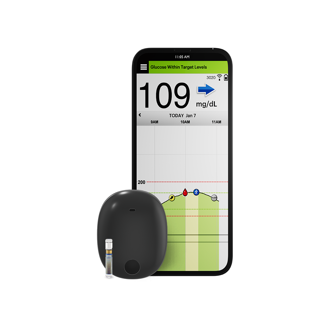 The Eversense CGM app with apple watch compatibility and smart transmitter. 